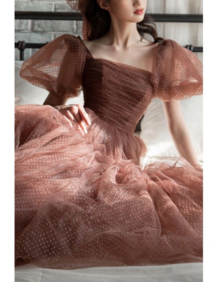 Brown Tulle Ballgown Polka Dot Prom Dress With Bubble Sleeves