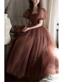 Brown Tulle Ballgown Polka Dot Prom Dress With Bubble Sleeves