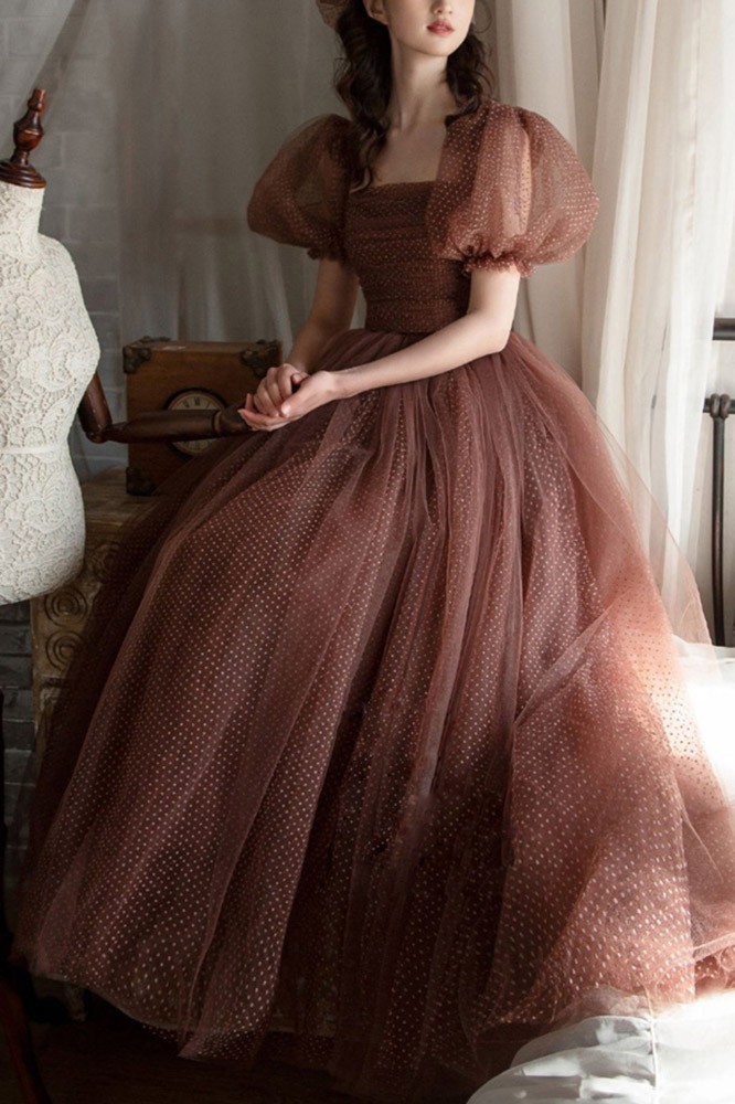 Brown Tulle Ball Gown Prom Dress Lace-Up Sleeveless Full Skirt