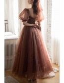 Brown Tulle Ballgown Polka Dot Prom Dress With Bubble Sleeves