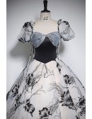 Unique Black Floral Pattern Ballgown Prom Dress With Short Sleeves