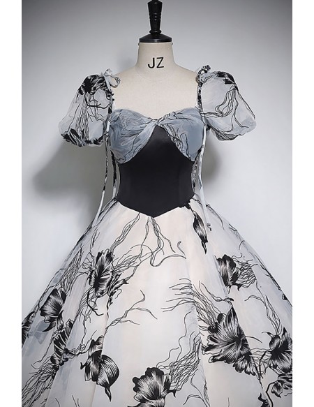 Unique Black Floral Pattern Ballgown Prom Dress With Short Sleeves