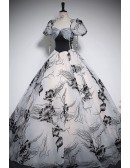 Unique Black Floral Pattern Ballgown Prom Dress With Short Sleeves