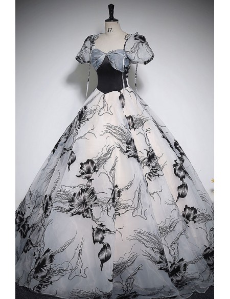 Unique Black Floral Pattern Ballgown Prom Dress With Short Sleeves