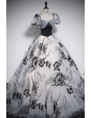 Unique Black Floral Pattern Ballgown Prom Dress With Short Sleeves