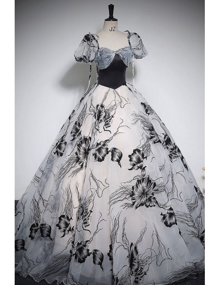 Unique Black Floral Pattern Ballgown Prom Dress With Short Sleeves