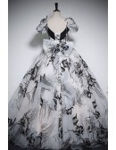 Unique Black Floral Pattern Ballgown Prom Dress With Short Sleeves