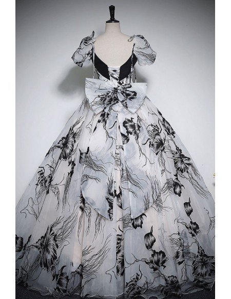Unique Black Floral Pattern Ballgown Prom Dress With Short Sleeves