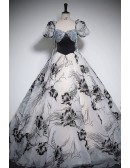 Unique Black Floral Pattern Ballgown Prom Dress With Short Sleeves