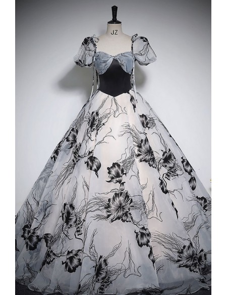 Unique Black Floral Pattern Ballgown Prom Dress With Short Sleeves