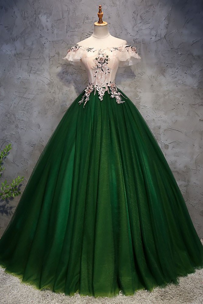 18251 Green Off-Shoulder Floral Tulle Slit Dress