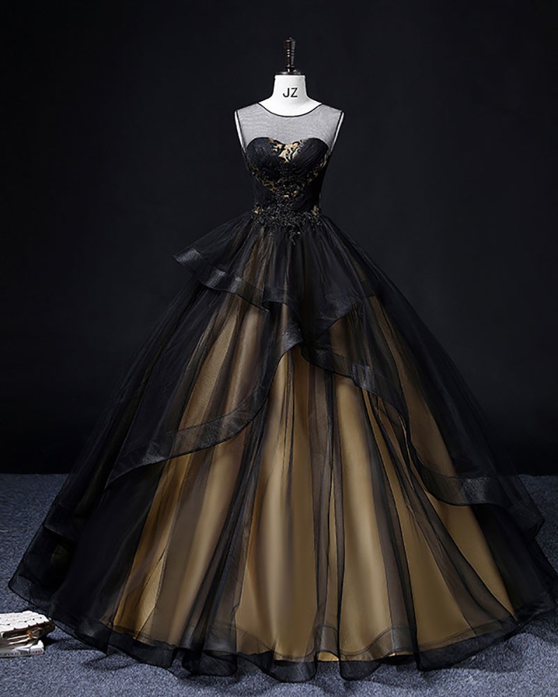 Gothic Black A-line Tulle Prom Dress,Elegant Black Party Dress Y1154 main image 1