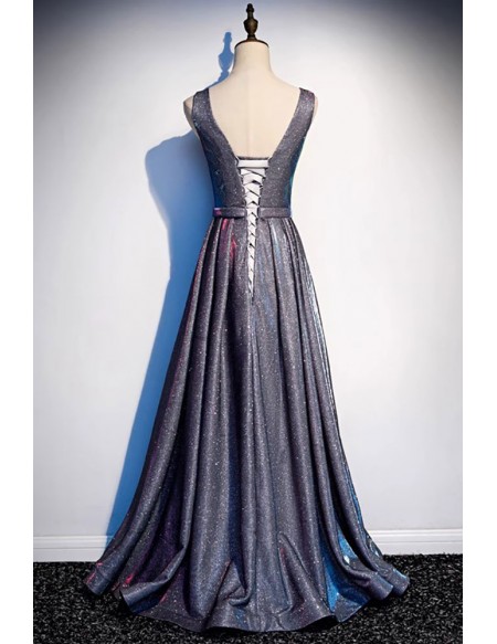 Mistery Bling Aline Long Prom Dress Beaded Vneck Sleeveless