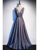 Mistery Bling Aline Long Prom Dress Beaded Vneck Sleeveless