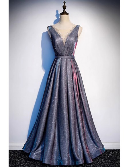 Mistery Bling Aline Long Prom Dress Beaded Vneck Sleeveless
