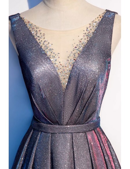 Mistery Bling Aline Long Prom Dress Beaded Vneck Sleeveless