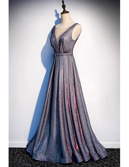 Mistery Bling Aline Long Prom Dress Beaded Vneck Sleeveless