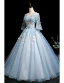 Light Blue Ballgown Flowers Long Prom Dress With Flowers
