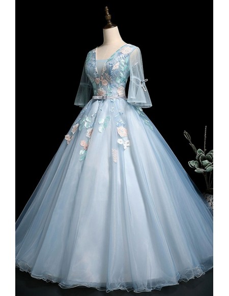 Light Blue Ballgown Flowers Long Prom Dress With Flowers