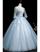 Light Blue Ballgown Flowers Long Prom Dress With Flowers
