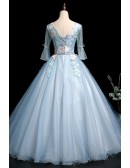 Light Blue Ballgown Flowers Long Prom Dress With Flowers
