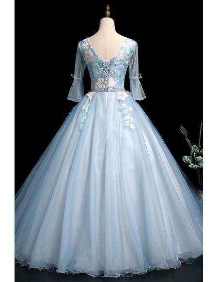 Light Blue Ballgown Flowers Long Prom Dress With Flowers