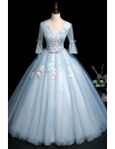 Light Blue Ballgown Flowers Long Prom Dress With Flowers