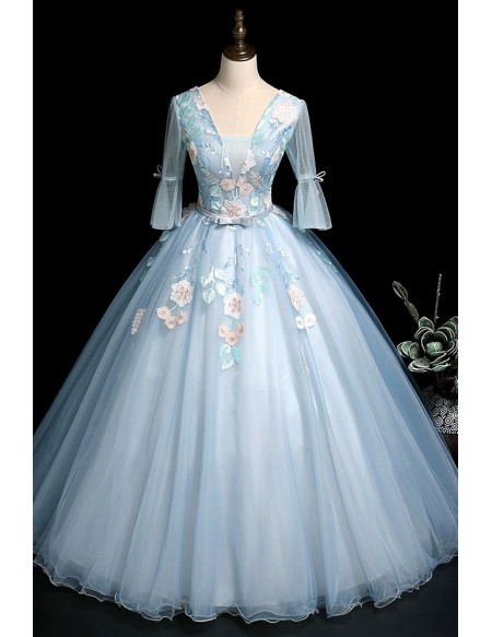 Light Blue Ballgown Flowers Long Prom Dress With Flowers