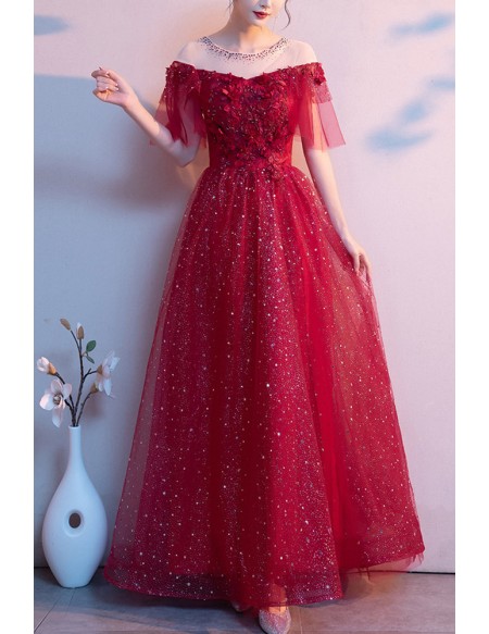 Beaded Neckline Bling Burgundy Prom Dress Sheer Neckline