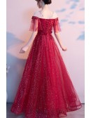 Beaded Neckline Bling Burgundy Prom Dress Sheer Neckline