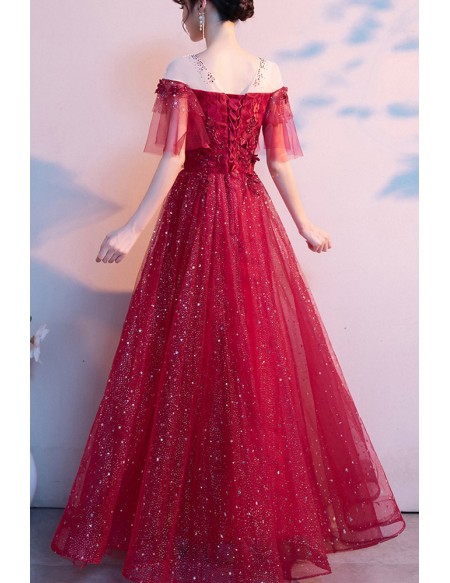 Beaded Neckline Bling Burgundy Prom Dress Sheer Neckline