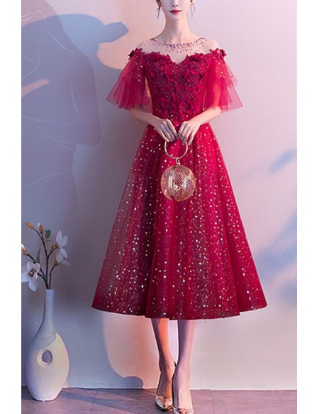 Beaded Neckline Bling Burgundy Prom Dress Sheer Neckline