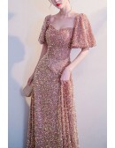 Bubble Sleeved Aline Long Sequined Prom Dress
