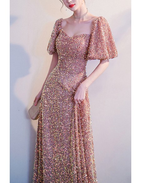 Bubble Sleeved Aline Long Sequined Prom Dress