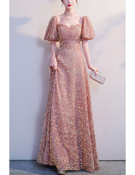 Bubble Sleeved Aline Long Sequined Prom Dress