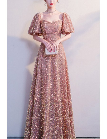 Bubble Sleeved Aline Long Sequined Prom Dress