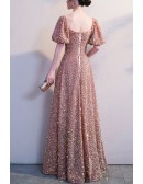 Bubble Sleeved Aline Long Sequined Prom Dress