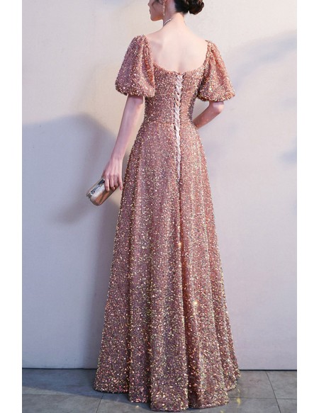 Bubble Sleeved Aline Long Sequined Prom Dress