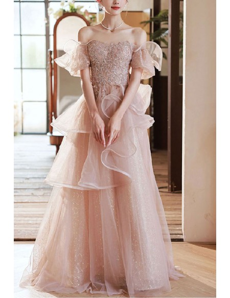 Beautiful Ruffled Bling Tulle Off Shoulder Prom Dress