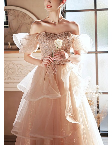 Beautiful Ruffled Bling Tulle Off Shoulder Prom Dress
