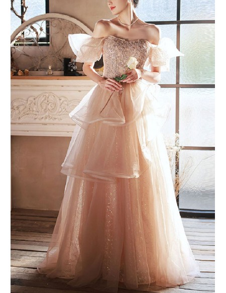 Beautiful Ruffled Bling Tulle Off Shoulder Prom Dress