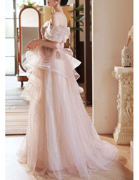 Beautiful Ruffled Bling Tulle Off Shoulder Prom Dress
