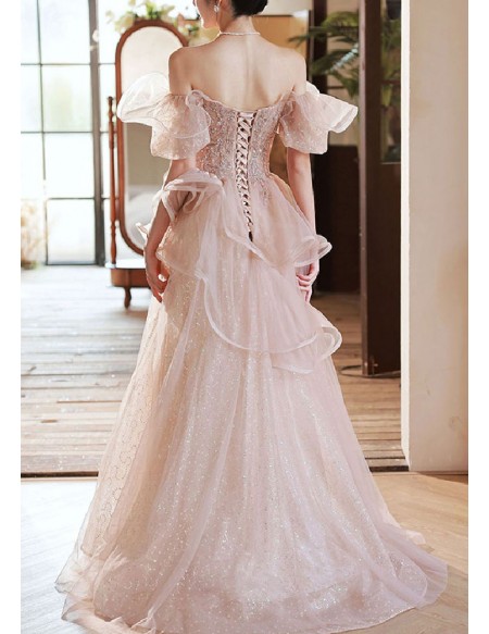 Beautiful Ruffled Bling Tulle Off Shoulder Prom Dress