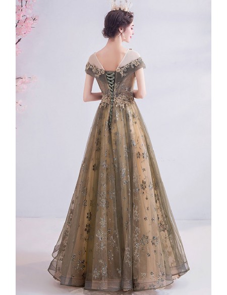 Dusty Long Tulle Sequined Prom Dress With Cap Sleeves