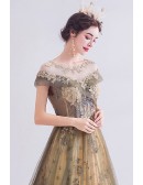 Dusty Long Tulle Sequined Prom Dress With Cap Sleeves