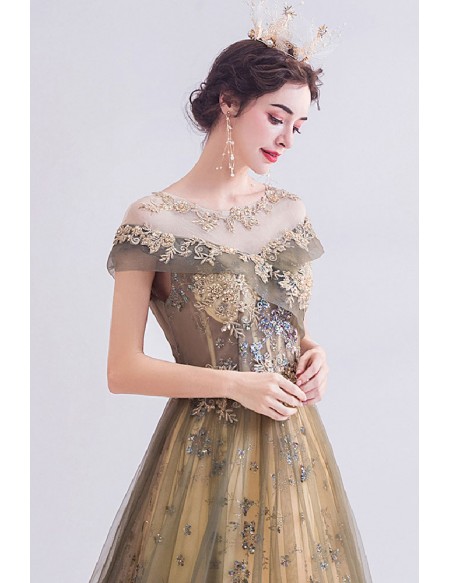 Dusty Long Tulle Sequined Prom Dress With Cap Sleeves