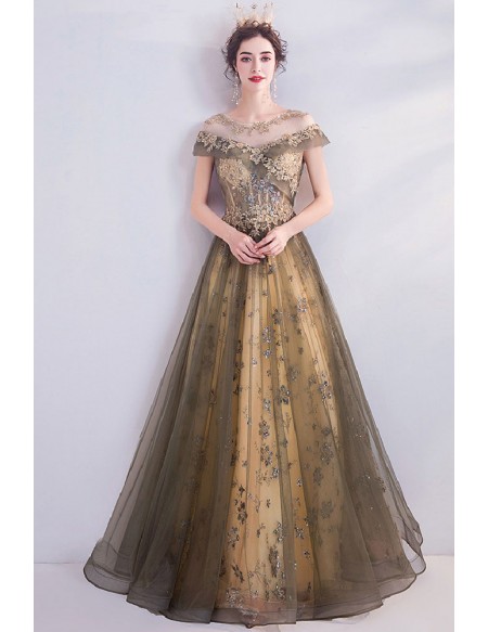 Dusty Long Tulle Sequined Prom Dress With Cap Sleeves