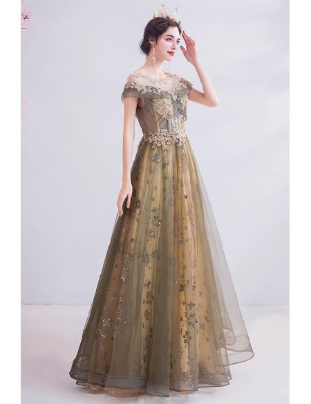 Dusty Long Tulle Sequined Prom Dress With Cap Sleeves