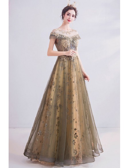 Dusty Long Tulle Sequined Prom Dress With Cap Sleeves