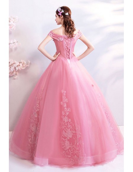 Beautiful Pink Ballgown Off Shoulder Prom Dress With Embroidery